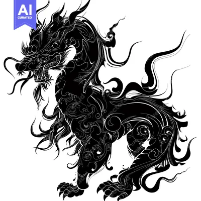 Black and White Illustration of a Detailed Chinese Dragon