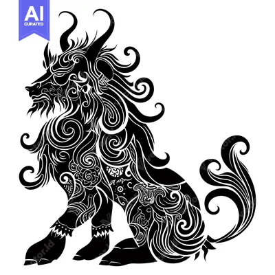 Aset desain premium: Ornate Black and White Sitting Lion with Curved Patterns