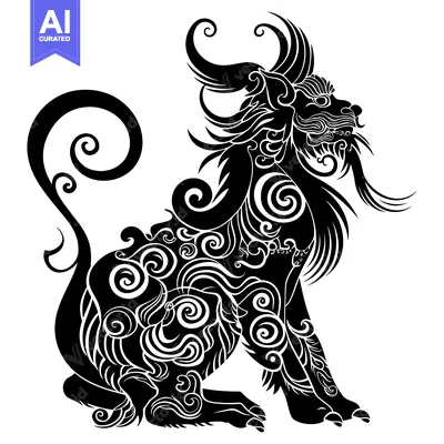 Aset desain premium: Ornate Black and White Lion with Detailed Fur and Swirls