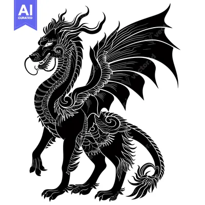 Aset desain premium: Black and White Silhouette of a Standing Dragon with Intricate Detail