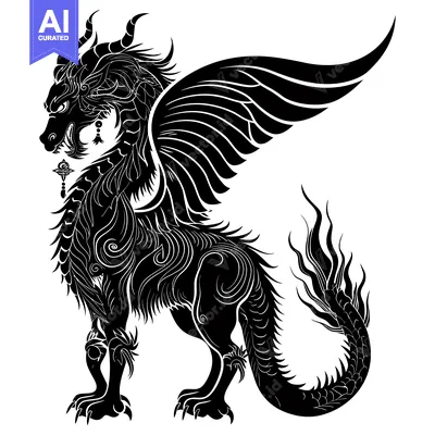 Ornate Black and White Dragon with Wings and a Tail