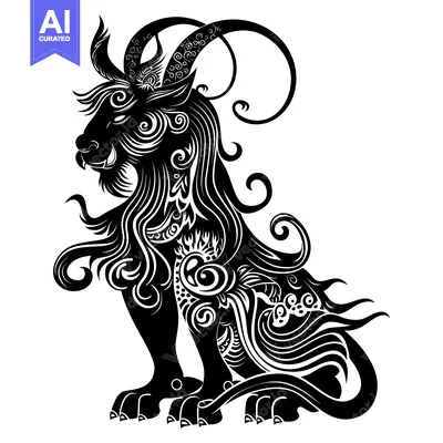 Aset desain premium: Black and White Stylized Lion with Floral Patterns