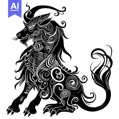Aset desain premium: Ornamental Black and White Stylized Animal with Swirling Details