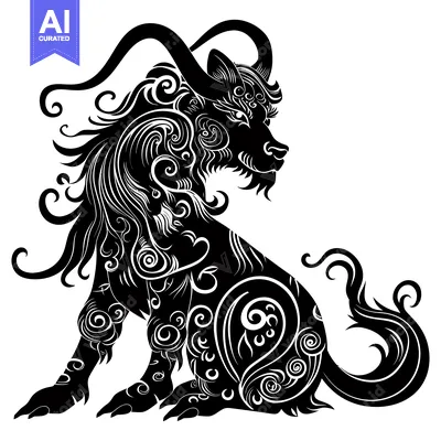 Aset desain premium: Ornate Black and White Illustration of a Mythical Beast