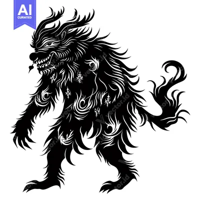 Premium design asset: Stylized Black and White Illustration of a Ferocious Beast with a Long