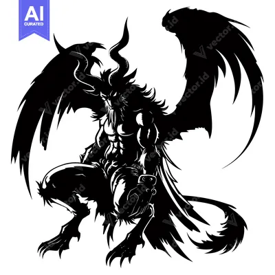 Black and white silhouette of a demonic, winged creature with horns