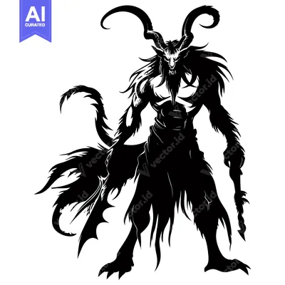 Aset desain premium: Silhouette of a horned, muscular, demonic creature holding a spear