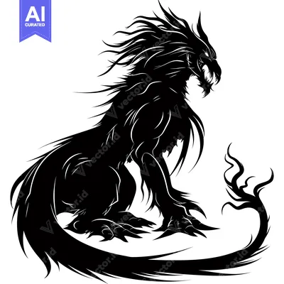 Premium design asset: Black and White Silhouette of a Fierce Dragon with Spiked Tail