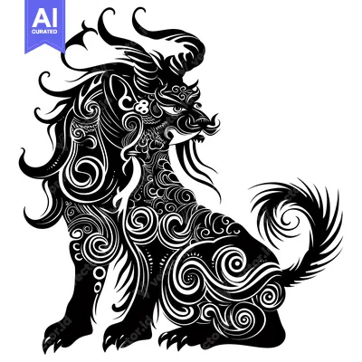 Aset premium populer: Ornate Black and White Chinese Lion Illustration