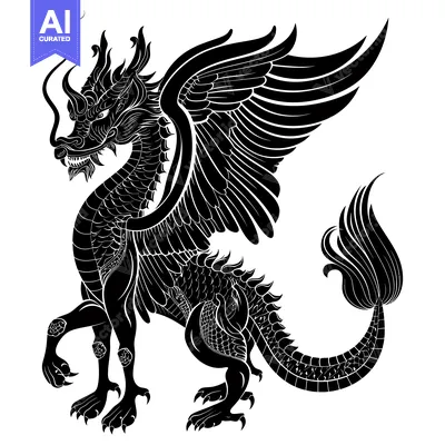 Aset desain premium: Black and white illustration of a winged dragon with ornate details.