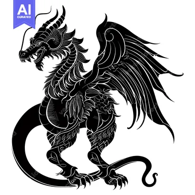 Premium design asset: Black and White Silhouette of a Mythical Dragon with Wings