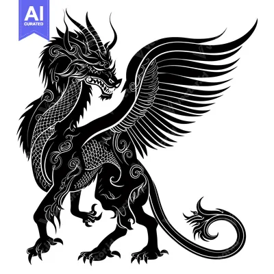 Premium design asset: Black and White Ornate Winged Dragon Silhouette