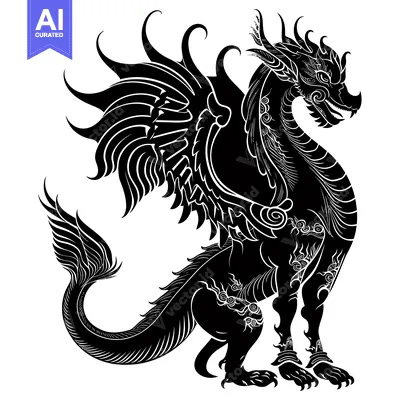 Aset desain premium: Black and White Detailed Illustration of a Mythical Dragon