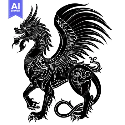 Aset premium populer: A Black and White Stylized Illustration of a Dragon with Spread Wings