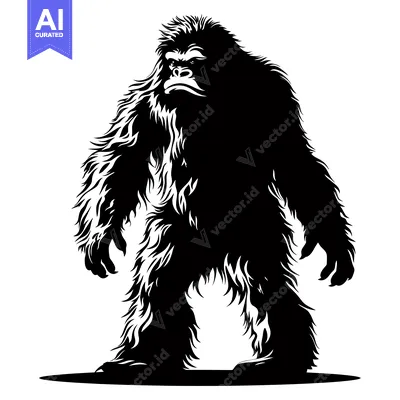 Premium design asset: Black and White Silhouette of a Large, Furry, Upright Ape