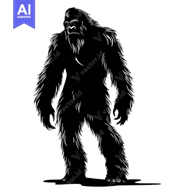 Aset desain premium: Black and White Silhouette of a Bigfoot Standing with a Shadow