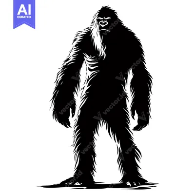 Aset desain premium: Black and White Silhouette of a Bigfoot Standing on a White Background