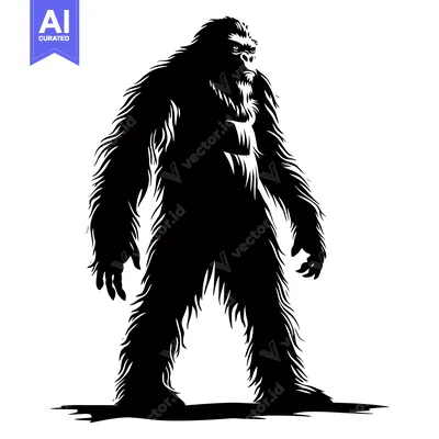 Aset desain premium: A black and white silhouette of Bigfoot standing upright