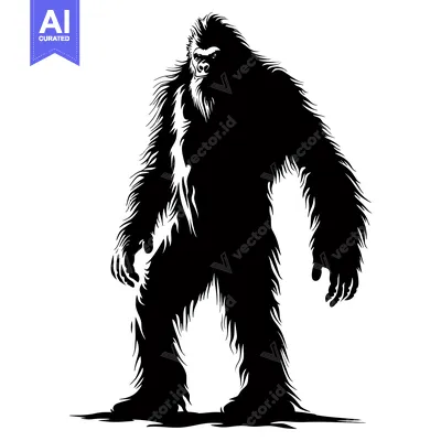 Aset desain premium: Black and White Silhouette of a Bigfoot Standing Tall