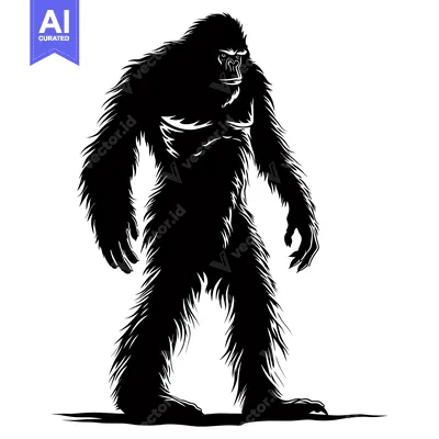 Aset desain premium: Black and White Silhouette of a Standing Bigfoot