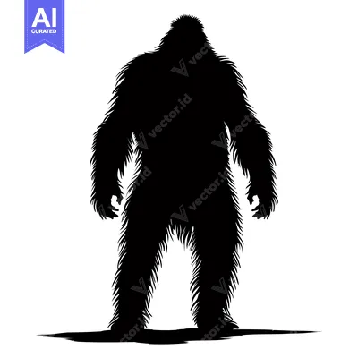 Aset desain premium: Black and White Silhouette of a Bigfoot Standing Tall