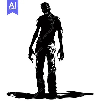 Aset desain premium: Silhouette of a Zombie with Glowing Eyes and Torn Clothing