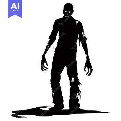 Aset desain premium: Silhouette of a Decaying Zombie with Clawed Hands and a Shadow