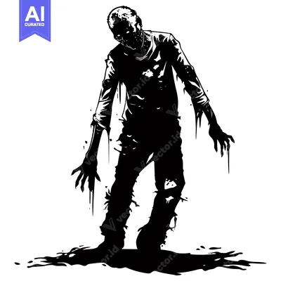 Aset desain premium: Black and White Silhouette of a Zombie with Torn Clothing