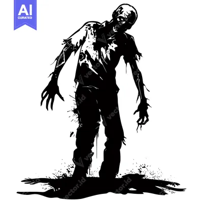 Aset desain premium: Black and White Silhouette of a Zombie with Blood Splatter