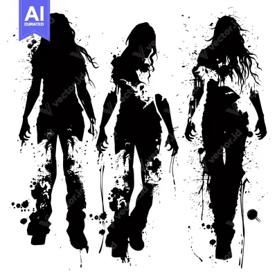 Popular premium asset: Three Silhouettes of Female Figures in Black with White Ink Splashes