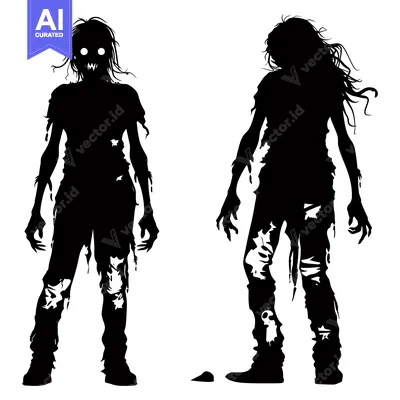 Aset desain premium: Two Black Silhouettes of Zombies with Ripped Clothing