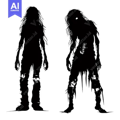 Aset premium populer: Two Black Silhouettes of Standing Figures with Long Hair