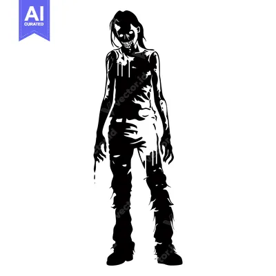Aset desain premium: Black and White Silhouette of a Female Zombie