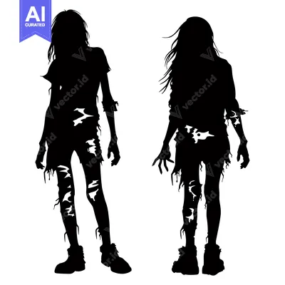 Two Silhouettes of Female Zombies with Torn Clothing and Long Hair
