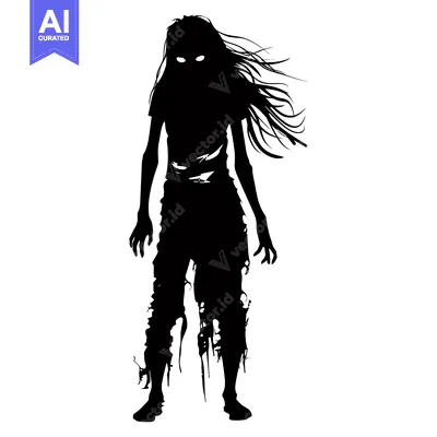 Aset desain premium: Silhouette of a female zombie with long hair and white eyes