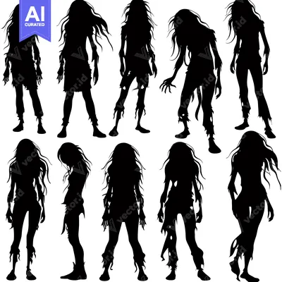 Aset desain premium: A collection of ten female zombie silhouettes in various poses