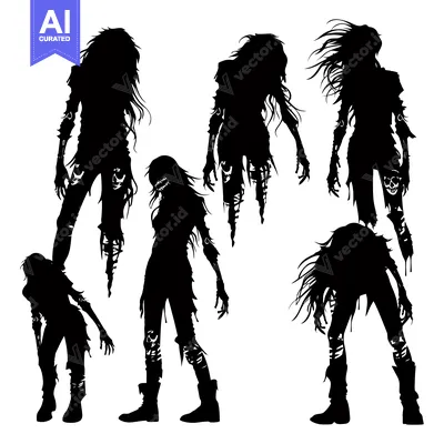 Silhouettes of Five Female Zombies with Ripped Clothing and Skulls