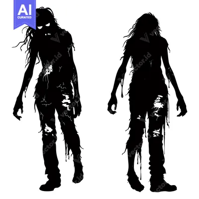 Two Silhouettes of Female Zombies with Ripped Clothes and Dripping Blo