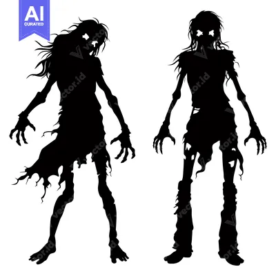 Premium design asset: Two Female Zombie Silhouettes in Walking Pose