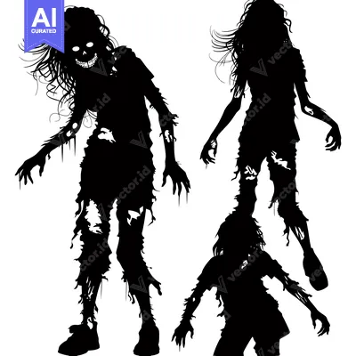 Three Black Silhouettes of Decaying Zombies with Grinning Faces