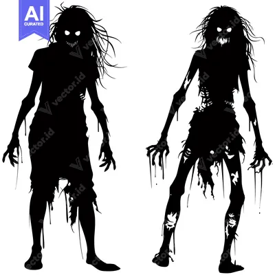 Two Black Silhouettes of Female Zombies with Glowing Eyes