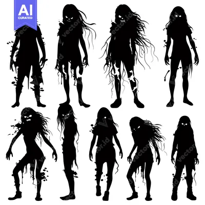 Silhouettes of Eight Decaying Female Zombies