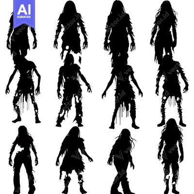 Aset desain premium: Silhouettes of Nine Female Zombies in Various Poses