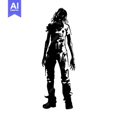 Silhouette of a female zombie with messy hair and torn clothing