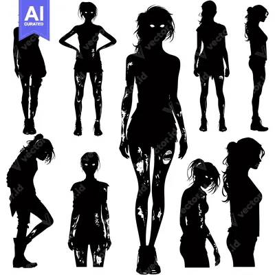 Aset premium populer: A collection of eight female zombie silhouettes in various poses