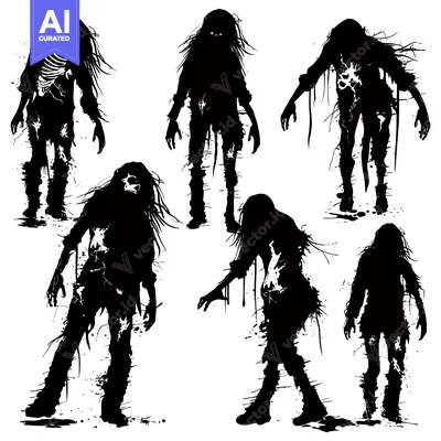 Six Black and White Silhouettes of Female Zombies with Ripped Clothing