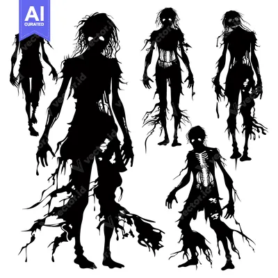 Silhouettes of Decaying Zombies with Exposed Bones and Flesh