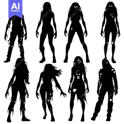 Black and white silhouettes of eight zombie figures