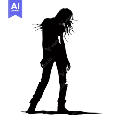 Premium design asset: Silhouette of a Woman Walking, Head Down, with Long Hair