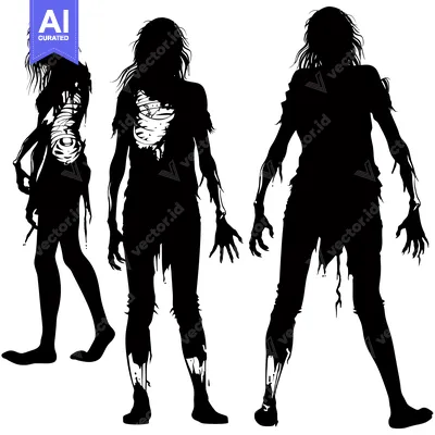 Three Silhouettes of Decaying Zombies with Long Hair and Torn Clothing